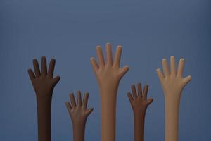 Raised hands of different race skin color,black history month, brown skin, prejudice discrimination activism, african american, people of color. Diversity concept. 3D Rendering illustration. photo