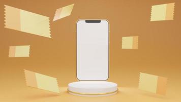 Smartphone with blank display and blank coupong sale banner on gold podium.Shopping mobile app,Mock up empty screen copy space,shopping coupon promotional card,Isolate background. 3D photo