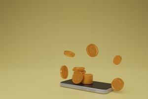 3D render coin Stacking around Mobile phone blank white screen transaction concept.Mobile banking, financial payment Smartphone.Isolate Background. photo