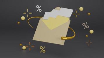 open mail Envelope with blank coupons with percentage icon.floating surrounded by golden circle  and ball. promotional and bonus concept,give voucher.lucky, 3d render illustration. photo