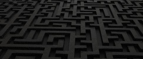 Tangled maze in dark background. Black empty labyrinth with 3d render stone and geometric puzzles. Strategy of choice and solution of complicated problems in life