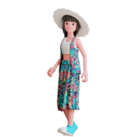 3d carattere estivo femminile che cammina indossando il cappello da spiaggia
