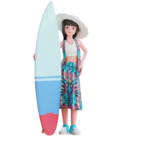 3d carattere estivo femmina in piedi accanto a tavola da surf indossando il cappello da spiaggia png