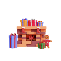 Fête de noël 3d avec cheminée, pain d'épice et coffret cadeau png