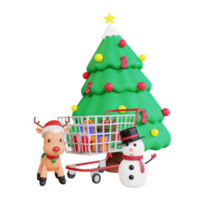 3d christmas tree, gift box, rendeer, snowman,  and shopping cart png