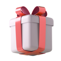 Realistic 3d white gift box with red glossy ribbon bow isolated on transparent  background. 3d render isometric modern holiday surprise box. Realistic icon for present, birthday or wedding banners
