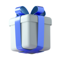 Realistic 3d white gift box with blue glossy ribbon bow isolated on transparent background. 3d render isometric modern holiday surprise box. Realistic icon for present, birthday or wedding banners png