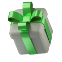 Realistic 3d white gift box with green glossy ribbon bow isolated on transparent background. 3d render isometric modern holiday surprise box. Realistic icon for present, birthday or wedding banners png