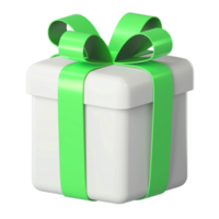 caja de regalo blanca 3d realista con lazo de cinta verde brillante aislado sobre fondo transparente. 3d render caja de sorpresa de vacaciones moderna isométrica. icono realista para pancartas de regalo, cumpleaños o boda png