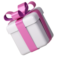 Realistic 3d white gift box with pink glossy ribbon bow isolated on. 3d render isometric modern holiday surprise box. Realistic icon for present, birthday or wedding banners png