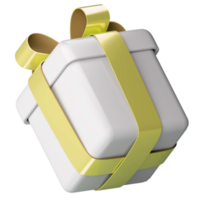 Realistic 3d white gift box with golden glossy ribbon bow isolated on transparent background. 3d render isometric modern holiday surprise box. Realistic icon for present, birthday or wedding banners png