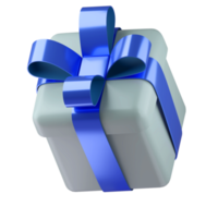 Realistic 3d white gift box with blue glossy ribbon bow isolated on transparent background. 3d render isometric modern holiday surprise box. Realistic icon for present, birthday or wedding banners png