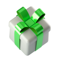 Realistic 3d white gift box with green glossy ribbon bow isolated on transparent background. 3d render isometric modern holiday surprise box. Realistic icon for present, birthday or wedding banners png