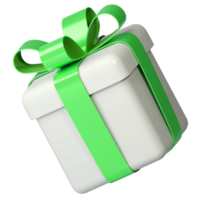 Realistic 3d white gift box with green glossy ribbon bow isolated on transparent background. 3d render isometric modern holiday surprise box. Realistic icon for present, birthday or wedding banners png