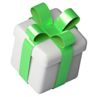 Realistic 3d white gift box with green glossy ribbon bow isolated on transparent background. 3d render isometric modern holiday surprise box. Realistic icon for present, birthday or wedding banners png