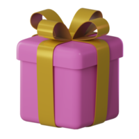 Realistic 3d pink gift box with gold glossy ribbon bow isolated on transparent background. 3d render isometric modern holiday surprise box. Realistic icon for present, birthday or wedding banners png