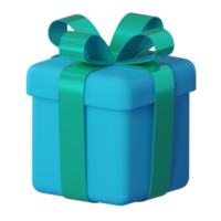 Realistic 3d blue gift box with green glossy ribbon bow isolated transparent background. 3d render isometric modern holiday surprise box. Realistic icon for present, birthday or wedding banners png