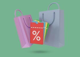 discount coupons or shopping vouchers and shopping bags isolated on white background, 3d render photo
