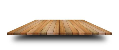 parte superior vacía de la mesa de madera o mostrador aislado sobre fondo blanco. para exhibición o diseño de productos foto