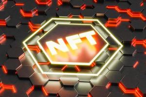 3D render. Glowing NFT word on hexagonal abstract digital background. NFT Non-fungible token. photo