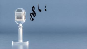 3D illustration. Shiny silver metal microphone with musical notes. Retro microphone photo