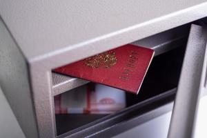 Russian passport in the safe with rubles. photo