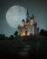 castillo con luna llena en la noche sky.3d rendering foto