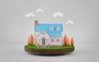 Cute house and clouds on land in country style with pastel colour.3d rendering