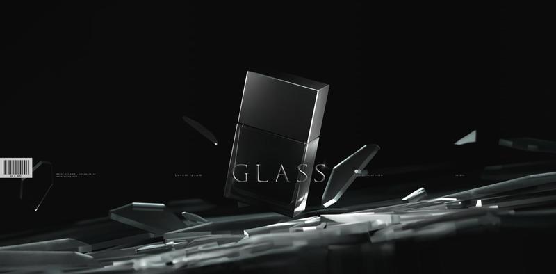 Elegant product presentation scene template with realistic shattered glass in motion