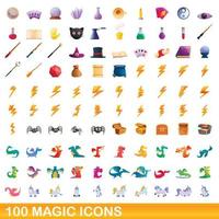 100 magic icons set, cartoon style vector