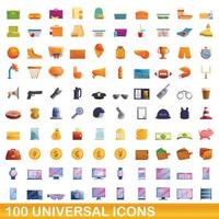 100 universal icons set, cartoon style vector