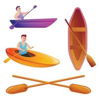 Canoeing icons set, cartoon style vector