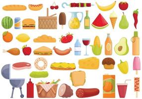conjunto de iconos de comida de picnic vector de dibujos animados. platos de cesta