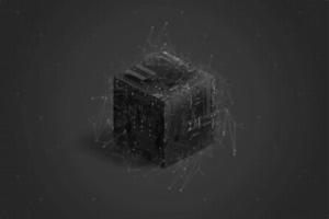 Black blockchain cube or circuit cube with polygons and nodes on black background. photo