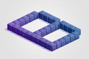 Blockchain blocks arranged in the letter B concept. Purple blue blocks with electronics textures containing hash and data photo