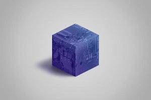 Blockchain cube with electronic circuit board texture concept. Blue block containing hash and data photo
