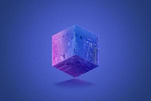 Blockchain cube or block with electronic board textures on a blue-purple background photo