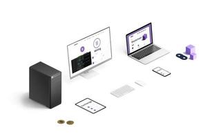 Blockchain mining concept with computer, laptop, tablet and smart phone. Devices perform cryptocurrency mining, wallet and exchange operations. Blockchain isometric illustration photo