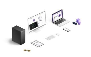 concepto de minería blockchain con computadora, computadora portátil, tableta y teléfono inteligente. Los dispositivos realizan operaciones de minería, billetera y cambio de criptomonedas. ilustración isométrica de blockchain foto