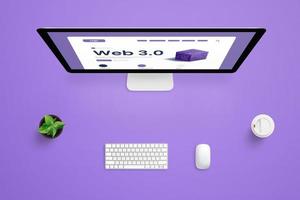 composición de la vista superior del escritorio con pantalla de computadora y presentación web 3.0 foto