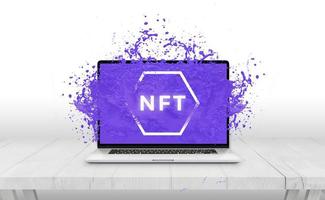 NFT non-fungible token text comes out with purple liquid from laptop display concept