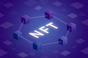 NFT with blockchain blocks in isometric hexagonal position with grid nodes and squares in the background representing the execution of transactions concept. 3d illustration photo