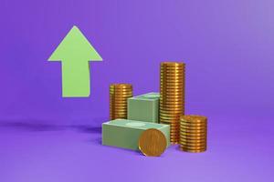 The pile of money with a green upward arrow above shows more income. on a purple background with 3D rendering photo