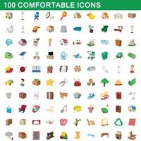 100 comfortable icons set, cartoon style vector