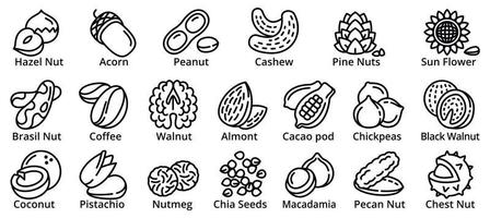 Nut icons set, outline style vector