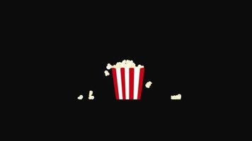 popcorn scoppiettante che vola e cade da un video grafico di movimento del secchio a strisce rosse e bianche. Riprese 4K con canale alfa pro res 4444