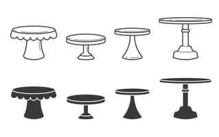 Set of cake stands in flat icon style. Empty trays for fruit and desserts. Vector silhouette and outline illustration.