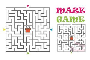 Square maze labyrinth game for kids. Logic conundrum. Four entrance and one right way to go. Vector flat illustration isolated on white background.