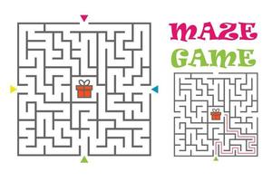 Square maze labyrinth game for kids. Logic conundrum. Four entrance and one right way to go. Vector flat illustration isolated on white background.