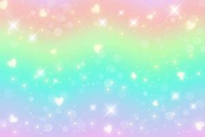 Rainbow fantasy background with hearts and stars. Holographic illustration in pastel colors. Cute cartoon unicorn wallpaper. Bright multicolored sky. Vector. vector